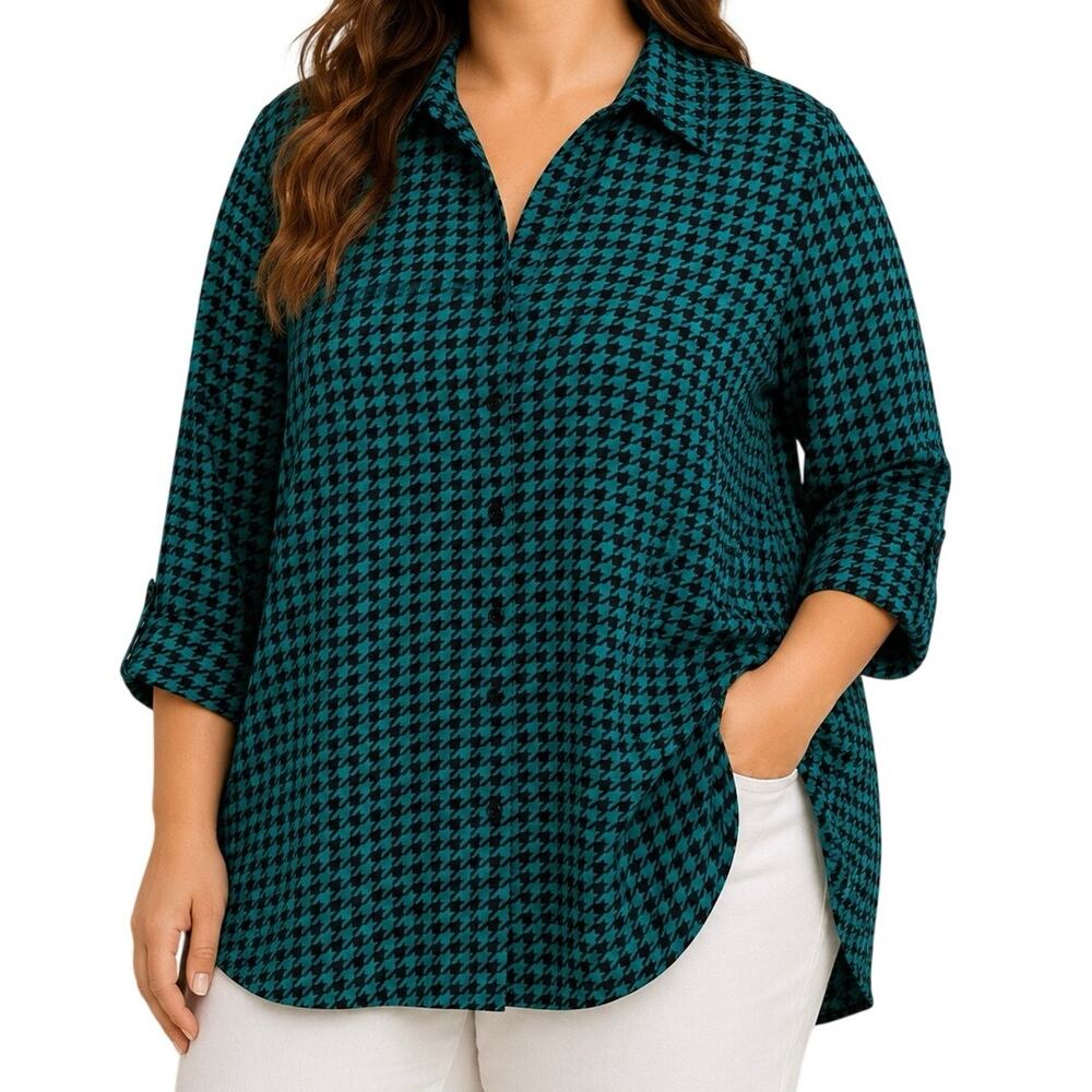 Catherines Plus Size 5X 34/36W Green Black Houndstooth Blouse Top Christmas